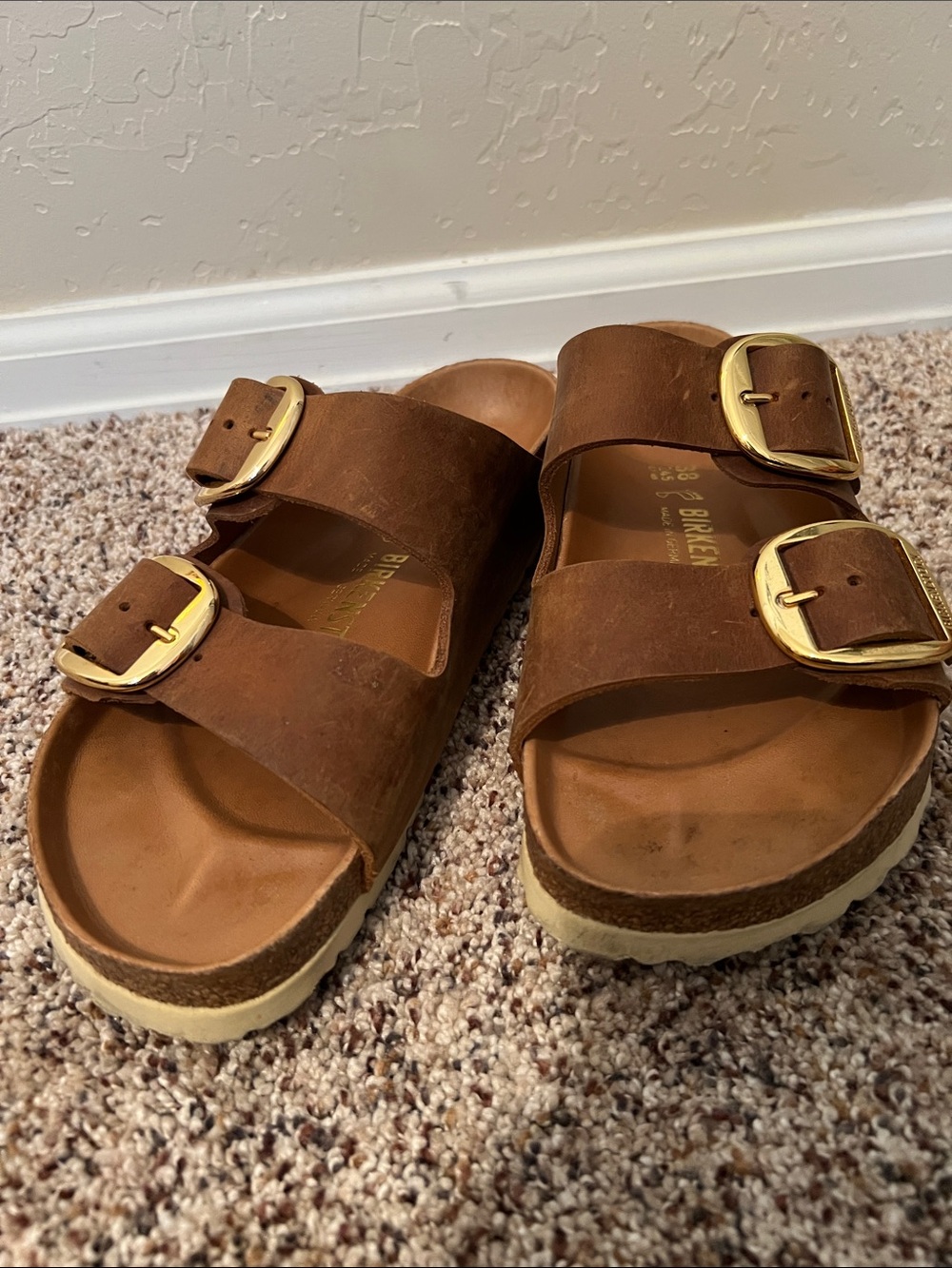 Birkenstock Brown Two-Buckle Suede Sandals with Gold Buckles